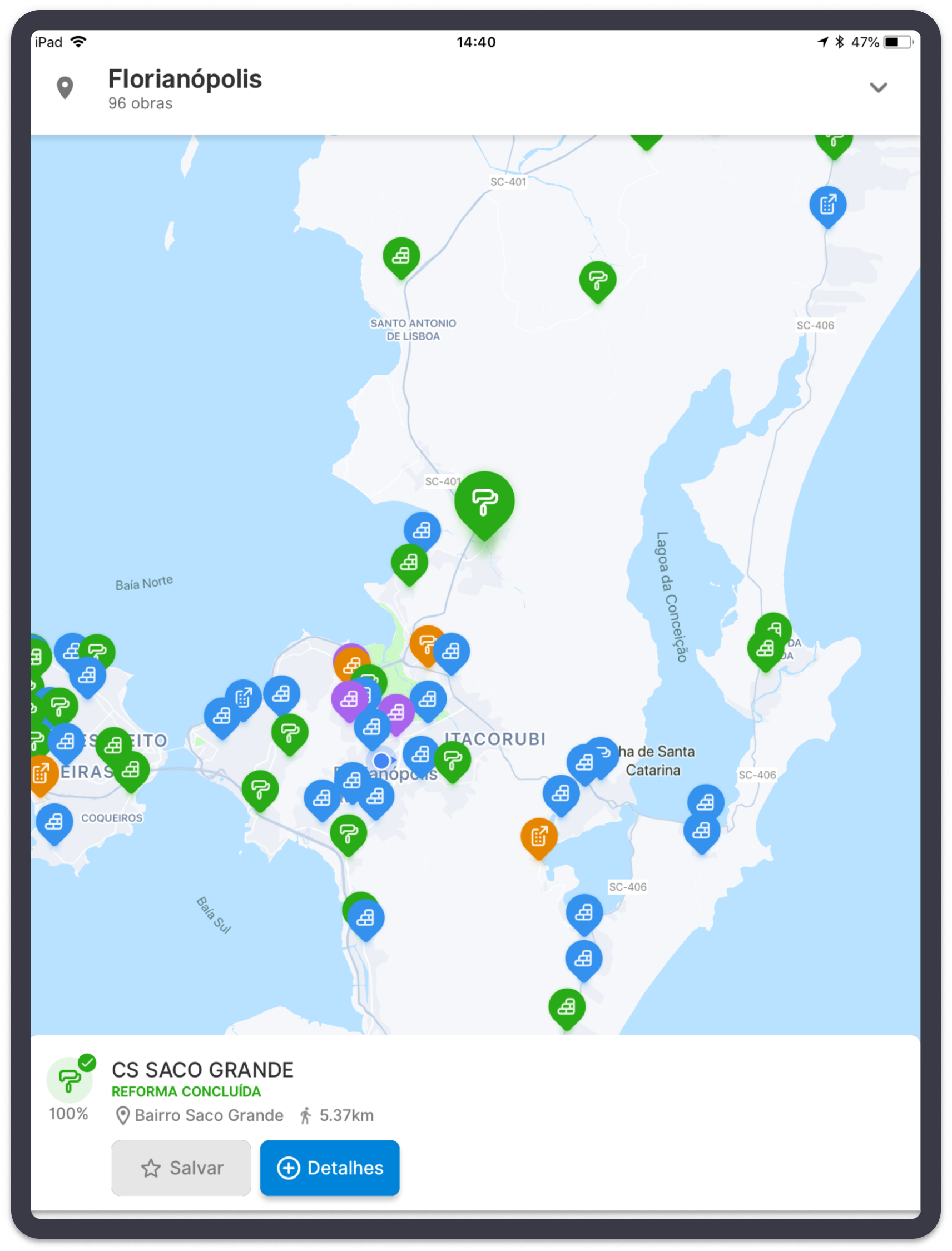 Tela de mapa do aplicativo SISMOB Cidadão