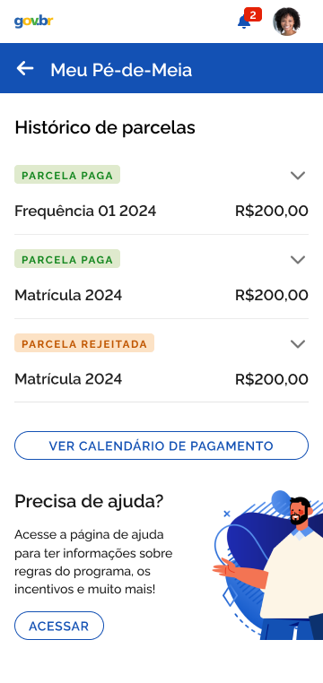 Screenshot da tela de pagamentos no aplicativo Jornada do Estudante